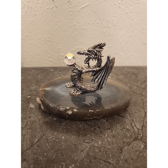 Pewter Dragon Crystal Ball Figure On Agate Slice Vtg‎ - Picture 2 of 6